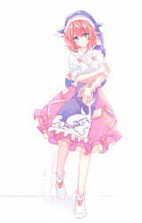  1girl animal_print apron artist_name blue_apron blue_eyes blue_hat blue_shirt blush boots breasts closed_mouth collared_shirt commentary_request dated fish_print full_body gasaisanae hat looking_at_viewer medium_breasts medium_hair okunoda_miyoi pink_hair pink_skirt print_apron shirt skirt smile touhou two-tone_apron whale_hat whale_print white_boots 