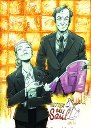  1boy 1girl animification better_call_saul breaking_bad cartoonized cigarette dress_suit formal_clothes highres holding holding_cigarette kim_wexler loulogio_pi necktie ponytail saul_goodman smoke suit toon_(style) 