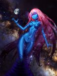  1girl absurdly_long_hair artist_name blue_skin defense_of_the_ancients dota_2 earth enigma_(dota_2) glowing glowing_eyes highres long_hair mcrc_science monster_girl no_nipples nude pink_hair space star_(sky) very_long_hair violet_eyes 