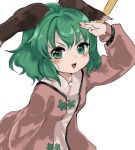  &gt;:d 1girl :d ameyu_(rapon) animal_ears blush dog_ears dress green_eyes green_hair kasodani_kyouko long_sleeves open_mouth pink_dress salute short_hair simple_background smile solo teeth touhou white_background 