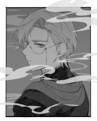  1boy artist_name black_shirt chinese_clothes closed_mouth commentary_request glasses grey_background highres koeda_(k83_4) looking_at_viewer looking_to_the_side male_focus shirt short_hair smoke solo tears_of_themis upper_body vyn_richter_(tears_of_themis) 