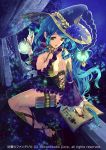  1girl blue_hair bottle braid breasts cleavage company_name curly_hair curtains feathers flower full_body gyakushuu_no_fantasica hat high_heels leaf long_hair night official_art sitting solo teeth tree witch_hat yellow_eyes 