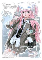  1girl 2channel ascii_art bag bag_charm barbell_piercing black_necktie blush border bracelet camera cat charm_(object) collared_shirt commentary cowboy_shot digital_camera ear_piercing emoticon english_text fashion giko_neko grey_eyes grey_jacket grey_ribbon grey_skirt hand_in_pocket handbag hat highres holding holding_camera html industrial_piercing jacket jewelry kaomoji long_hair long_sleeves miigoring miniskirt necklace necktie original outline piercing pink_hair shirt skirt solo standing thigh-highs two_side_up untranslatable_commentary virtual_pet_(toy) watch watch watermark white_border white_hat white_outline white_shirt white_thighhighs wishcore y2k_fashion yabi_fashion 