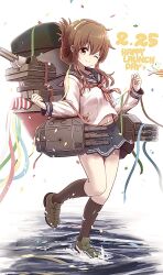  1girl anchor_symbol black_socks brown_eyes brown_hair cannon closed_mouth commentary folded_ponytail full_body happy_birthday highres inazuma_(kancolle) kantai_collection kneehighs long_hair long_sleeves neckerchief ocean one_eye_closed red_neckerchief rigging school_uniform serafuku ship_turret shirt smokestack socks solo torpedo_tubes unagiman untranslatable_commentary water white_shirt 