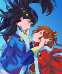  2girls aijou_karen ara_4x4 badge belt black_hair blue_background blue_eyes blue_jacket blue_sleeves brown_eyes brown_hair closed_mouth commentary_request crown epaulettes eye_contact face-to-face floating_hair from_side fur-trimmed_jacket fur_trim hand_on_another's_cheek hand_on_another's_face hand_on_another's_hand hand_up hands_up highres jacket jacket_on_shoulders kagura_hikari light_smile long_hair long_sleeves looking_at_another looking_down looking_up mini_crown multiple_girls one_side_up parted_bangs parted_lips profile red_jacket sash shoujo_kageki_revue_starlight shoulder_sash simple_background sparkle_hair_ornament star_(symbol) tearing_up tilted_headwear upper_body white_sash yellow_belt yellow_trim yuri 