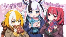  3girls aqua_hair artist_request black_hair black_sweater_vest blue_coat blue_eyes blue_scarf bow bowtie brown_coat brown_hair brown_scarf closed_mouth coat commentary_request covered_mouth double_bun gift hair_bun hair_ornament hairclip happy_valentine heart holding holding_gift kitsunebi_youko looking_at_viewer mole mole_under_eye multicolored_eyes multicolored_hair multiple_girls official_art open_mouth pink_eyes plaid_bow plaid_bowtie plaid_clothes plaid_scarf red_bow red_bowtie red_coat red_eyes red_hair scarf sharp_teeth shirt sweater_vest teeth twintails upper_body virtual_youtuber white_hair white_shirt yamiyo_mea yellow_eyes yomi_haruka zonchuu_zombie_jk_wa_game_haishinchuu 
