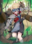  1boy 40hara axe bandaid blonde_hair boots company_name dragon fire_emblem fire_emblem_cipher fire_emblem_if full_body gloves highres leaf lutz_(fire_emblem_if) male_focus mask official_art open_mouth solo teeth tree weapon wyvern 