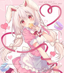  1girl 2026 animal_ears apron blush border bow bowtie breasts buttons commentary cowboy_shot double-breasted dress food frilled_apron frilled_wrist_cuffs frills grid_background hair_between_eyes hair_bow hair_intakes happy_valentine holding holding_food large_breasts long_hair looking_at_viewer macaron maya_(tirolpop) open_mouth original outline outside_border pink_border pink_dress rabbit_ears rabbit_girl red_bow red_bowtie red_eyes red_shoes shoes short_sleeves solo waist_apron white_apron white_background white_bow white_hair white_outline wrist_cuffs 
