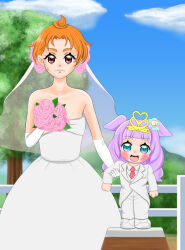  1boy 1girl clouds cloudy_sky commentary_request crossdressing crossdressing_(ftm) dress groom hirogaru_sky!_precure icha_(isamu) precure ranch sky tree wedding_dress yuunagi_tsubasa 