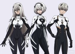 1boy 2b_(nier:automata) 2girls 9s_(nier:automata) a2_(nier:automata) absurdres black_hairband blue_eyes breasts closed_mouth cowboy_shot grey_background grey_hair hair_between_eyes hair_over_one_eye hairband hand_on_own_hip headgear highres light_smile long_hair mecha_pilot_suit medium_breasts mole mole_under_mouth multiple_girls neon_genesis_evangelion nier:automata nier_(series) plugsuit_(evangelion) shirl_geem short_hair turtleneck 