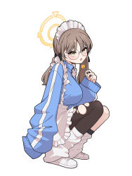  1girl :o absurdres apron black_bow black_pantyhose blue_archive blue_jacket blush bow breasts brown_hair candy commentary densaneraa enmaided food frilled_apron frills glasses hair_bow halo highres holding holding_candy holding_food holding_lollipop jacket jersey_maid korean_commentary large_breasts lollipop long_sleeves looking_at_viewer looking_to_the_side loose_socks maid maid_apron maid_headdress moe_(blue_archive) pantyhose round_eyewear shoes simple_background single_leg_pantyhose sneakers socks solo squatting torn_clothes torn_pantyhose track_jacket twintails unconventional_maid white_background white_shoes white_socks yellow_eyes 
