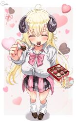  1girl absurdres ahoge animal_ears black_skirt blonde_hair blush chocolate closed_eyes closed_mouth collared_shirt commentary_request food hair_ornament heart heart_hair_ornament highres holding holding_chocolate holding_food hololive horns inokeiwd leg_warmers long_hair official_alternate_costume sheep_ears sheep_girl sheep_horns shirt skirt smile solo tsunomaki_watame tsunomaki_watame_(school_uniform) very_long_hair virtual_youtuber white_leg_warmers white_shirt x_hair_ornament 