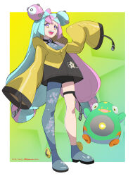  1girl :d artist_name bellibolt black_shorts blue_hair border bow-shaped_hair commentary criss-cross_halter dated full_body gradient_eyes green_background grey_pantyhose grey_shoes halterneck hexagon_print highres iono_(pokemon) jacket long_hair long_sleeves looking_at_viewer multicolored_eyes multicolored_hair outside_border pantyhose pink_eyes pink_hair pokemon pokemon_(creature) pokemon_sv sharp_teeth shoes shorts single_leg_pantyhose sleeves_past_fingers sleeves_past_wrists smile takemura-san_(zrxv2445) teeth thigh_strap twintails two-tone_hair upper_teeth_only very_long_hair white_border wide_sleeves yellow_eyes yellow_jacket 