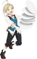  1boy ahoge artist_request black_pants black_shoes blonde_hair book butler child dropping full_body game_cg gloves green_eyes highres holding holding_plate laphicet_(butler)_(tales) laphicet_(tales) looking_at_object looking_at_viewer official_alternate_costume official_art open_mouth pants plate red_ribbon ribbon shirt shoes short_hair solo suit tales_of_(series) tales_of_asteria tales_of_berseria third-party_source transparent_background white_shirt 