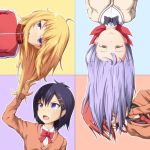  4girls :&gt; ahoge arms_at_sides bangs black_bow black_bowtie black_hair black_shirt blonde_hair blue_eyes bow bowtie breasts brown_eyes cardigan closed_mouth collared_shirt cross_hair_ornament dress_shirt eyelashes flat_chest gabriel_dropout hair_between_eyes hair_ornament hair_rings hairclip half-closed_eyes hand_in_hair hand_on_own_face hand_up hidden_face jacket kurumizawa_satanichia_mcdowell long_hair long_sleeves looking_at_another looking_at_viewer looking_up medium_breasts messy_hair multiple_girls necktie one_eye_covered open_mouth oshiza outline palms purple_hair red_bow red_bowtie redhead revision school_uniform shade shiny shiny_hair shiraha_raphiel_ainsworth shirt short_hair small_breasts tenma_gabriel_white track_jacket tsukinose_vignette_april upper_body upside-down violet_eyes x_hair_ornament 