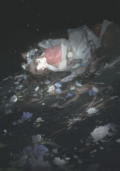  1girl animal_ear_piercing animal_ears blue_flower book brown_hair centauroid cheonyeon-hi closed_eyes closed_mouth colored_inner_animal_ears commentary dark dark_background deer_ears deer_girl dutch_angle floating_hair flower hair_flower hair_ornament hair_spread_out highres holding holding_book in_water jessica_(reverse:1999) korean_commentary light_particles long_hair long_sleeves lying monster_girl off_shoulder on_side open_book reverse:1999 revision shirt smile solo taur very_long_hair white_flower white_shirt 