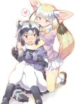  2girls animal_ears biting blush bow bowtie breasts ear_biting fennec_(kemono_friends) fox_ears fox_tail full_body fur_collar gloves gradient_hair half-closed_eyes hear highres hug hug_from_behind kemono_friends kneeling multicolored_hair multiple_girls open_mouth pantyhose raccoon_(kemono_friends) raccoon_ears raccoon_tail short_hair short_sleeves sitting skirt sweatdrop tail takano_itsuki tears thigh-highs thought_bubble two-tone_hair wavy_mouth white_legwear yuri 