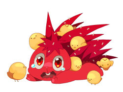  1girl 6+others animal animal_nose animal_on_back baby_animal beak bird bird_wings body_fur buck_teeth chick crying crying_with_eyes_open dandruff feathers fewer_digits flaky_(happy_tree_friends) full_body furry furry_female happy_tree_friends heart-shaped_nose jumping kurara lying midair multiple_others on_stomach open_hands open_mouth outstretched_arms outstretched_hand panicking porcupine_girl red_eyes red_fur solo spiky_hair spread_fingers tears teeth too_many too_many_chicks wavy_eyes wavy_mouth white_background wings yellow_feathers 
