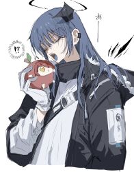  !? 2girls apple arknights black_jacket blue_hair closed_eyes commentary exusiai_(arknights) fang food foodification fruit gloves hair_over_one_eye highres holding holding_food holding_fruit holding_mini_person horns jacket long_hair mini_person mostima_(arknights) multiple_girls na_tarapisu153 open_mouth red_hair shirt teeth tongue tongue_out untranslatable_commentary upper_teeth_only white_gloves white_shirt yellow_eyes 