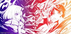  1boy 1other battle clenched_teeth digimon digimon_card_game digimon_liberator dragon exmaquinamon halo horns official_art parted_lips short_hair single_horn smirk teeth unchained_(digimon) upper_body vortexdramon 