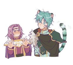  2boys animal_ears circlet commentary cropped_torso english_commentary ephraim_(fire_emblem) ephraim_(sky_lance)_(fire_emblem) fire_emblem fire_emblem:_the_sacred_stones fire_emblem_shadows green_hair highres julianlynnnn lyon_(fire_emblem) male_focus multiple_boys no_mouth official_alternate_design purple_hair short_hair simple_background tail tiger_boy tiger_ears violet_eyes white_background 