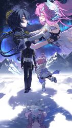  1boy 2girls adoptive_parent_and_adoptive_child aemeath_(wuthering_waves) aemeath_(young)_(wuthering_waves) aurora black_gloves black_hair black_jacket black_pants closed_eyes closed_mouth commentary cyxndmr different_reflection facing_another father_and_daughter female_rover_(perpetual_spark)_(wuthering_waves) female_rover_(wuthering_waves) fingerless_gloves gloves hair_ornament highres holding_hands jacket looking_at_another male_rover_(perpetual_spark)_(wuthering_waves) male_rover_(wuthering_waves) mother_and_daughter multiple_girls multiple_views outdoors pants pink_hair pointing pointing_up ponytail reflection rover_(wuthering_waves) smile tacet_mark_(wuthering_waves) white_gloves wuthering_waves yellow_eyes 