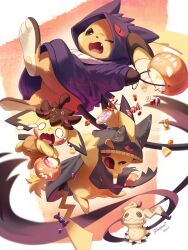  absurdres banette banette_(cosplay) black_eyes bright_pupils candy cosplay evolutionary_line food full_body gengar gengar_(cosplay) halloween halloween_bucket highres hoishere7 mimikyu one_eye_closed open_mouth pichu pikachu pokemon pokemon_(creature) pumpkaboo pumpkaboo_(cosplay) raichu tears white_pupils wrapped_candy 