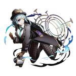  1girl blue_eyes blue_hair breasts brown_gloves divine_gate full_body gloves green_necktie hat holding large_breasts long_hair looking_at_viewer muneime necktie official_art one_eye_closed sangeishin shadow solo transparent_background ucmm very_long_hair 