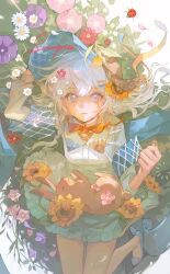  1girl braid bug dress flower green_skirt hair_ornament hairclip hat highres ladybug leaf looking_at_viewer original petals pink_flower purple_flower red_flower skirt sunflower white_flower white_hair ziyuan_zuan 