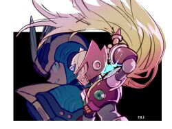  2boys armor black_background blonde_hair border chest_jewel cosplay floating_hair forehead_jewel helmet long_hair male_focus mega_man_(series) mega_man_x_(series) multiple_boys olf_megaman red_armor red_helmet solo_focus ultimate_armor_x_(mega_man) ultimate_armor_x_(mega_man)_(cosplay) upper_body white_border x_(mega_man) zero_(mega_man) 