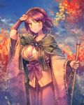  1girl autumn_leaves blue_sky blush breasts character_request cleavage floral_print hairband hand_up japanese_clothes large_breasts looking_at_viewer moe_(hamhamham) outdoors personification pokemon purple_hair sky solo standing walking_stick wide_sleeves yellow_eyes 