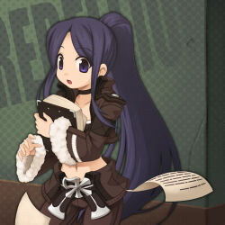  1girl belt black_belt black_choker black_hair black_shirt blue_eyes brown_pants character_name choker cowboy_shot crop_top cropped_jacket flying_paper fur-trimmed_jacket fur_trim high_ponytail holding holding_notepad jacket long_hair looking_at_object midriff navel notepad official_artist_extra open_clothes open_jacket open_mouth pants paper ponytail ragnarok_online rebellion_(ragnarok_online) shirt solo standing very_long_hair wide_sleeves yuichirou 
