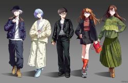  2boys 3girls alternate_costume artist_request ayanami_rei bag baggy_pants baseball_cap belt blue_hair brown_hair closed_mouth dress full_body glasses green_dress hand_in_pocket handbag hat head_tilt ikari_shinji jacket leather leather_jacket makinami_mari_illustrious multiple_boys multiple_girls nagisa_kaworu neon_genesis_evangelion official_art pants red_socks shirt shoes short_hair skirt socks souryuu_asuka_langley standing striped_clothes striped_shirt thighs white_shirt wide-leg_pants 