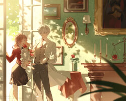  1boy 1girl apple balance_scale black_pants black_skirt bouquet brown_hair brown_vest candelabra candle candlestand coat collared_shirt commentary_request dappled_sunlight day flower food fruit glasses green_eyes highres holding holding_bouquet indoors jacket koeda_(k83_4) long_hair long_sleeves looking_at_viewer necktie open_door painting_(object) pants portrait red_flower red_jacket red_necktie red_rose revision rosa_(tears_of_themis) rose shadow shirt short_hair skirt sunlight table tears_of_themis vase vest vyn_richter_(tears_of_themis) watch watch weighing_scale white_coat white_hair white_shirt window yellow_eyes 