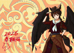  1girl 2026 absurdres alternate_costume alternate_hairstyle bandana bandana_around_neck belt blue_bandana braid breasts brown_belt brown_hair brown_hat brown_wings chinese_commentary chinese_new_year chinese_zodiac commentary_request cowboy_hat falling_feathers feathered_wings feathers fingerless_gloves gloves hands_on_headwear hat hat_feather highres horse_tail kurokoma_saki layered_clothes long_hair looking_at_viewer medium_breasts multicolored_hair open_clothes open_mouth open_shirt orange_skirt red_eyes red_gloves red_hair red_shirt red_sweater shirt single_braid skirt smile solo streaked_hair stunionjy sweater tail touhou translation_request wings year_of_the_horse 