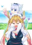  2girls bangs barefoot beads blonde_hair blue_eyes blunt_bangs blush breasts butterfly capelet carrying closed_eyes dragon_girl dragon_horns dragon_tail dress eyebrows_visible_through_hair feet gloves hair_beads hair_ornament hairband highres horn_grab horns kanna_kamui kobayashi-san_chi_no_maidragon large_breasts lavender_hair long_hair maid maid_headdress matsukawa_li multiple_girls necktie open_mouth revision shoulder_carry tail thigh-highs toeless_legwear tooru_(maidragon) twintails white_gloves white_legwear 