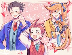  1girl ^_^ ace_attorney antenna_hair apollo_justice arm_behind_head athena_cykes black_hair blue_hairband blue_jacket blue_necktie blush brown_hair closed_eyes collared_shirt commentary_request crescent crescent_earrings cropped_torso earrings flying_sweatdrops gloves hairband heart highres jacket jewelry long_hair multiple_boys necklace necktie open_clothes open_jacket open_mouth orange_hair phoenix_wright red_necktie red_vest shirt side_ponytail single_glove sweat upper_body vest white_shirt yataba 