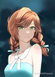  1girl aqua_bow aqua_dress artist_name bare_shoulders bow braid breasts brown_hair dress english_commentary green_eyes grin hair_bow highres hoyolab_username kiyasuriin long_hair looking_at_viewer medium_breasts rosa_(tears_of_themis) smile solo strapless strapless_dress tears_of_themis teeth twin_braids upper_body watermark 