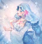  1girl blue_eyes blue_hair braid breasts cleavage jewelry long_hair looking_to_the_side moe_(hamhamham) necklace open_mouth outstretched_hand personification pokemon ponytail primarina solo starfish_hair_ornament veil very_long_hair wide_sleeves 