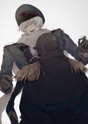  2boys anger_vein angry axis_powers_hetalia black_gloves black_hair black_jacket blush buttons clothes_grab commentary_request empty_eyes epaulettes freckles from_behind gloves green_hat green_jacket hachiware_(user_wwva4743) hair_between_eyes hands_up hat hat_ornament height_difference highres imperial_japanese_army jacket japan_(hetalia) long_sleeves looking_afar looking_down male_focus military military_hat military_jacket military_uniform multiple_boys one_eye_closed open_mouth peaked_cap russia_(hetalia) scarf short_hair simple_background smile soviet_army standing star_(symbol) star_hat_ornament teeth upper_body violet_eyes white_background white_gloves white_hair white_scarf 