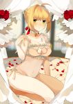  1girl absurdres ahoge bangs bare_shoulders bed bed_sheet bell blonde_hair blurry blurry_background blush bra breasts cat_cutout cat_lingerie cleavage cleavage_cutout collarbone eules eyebrows eyebrows_visible_through_hair fate/extra fate_(series) flower frilled_bra frills green_eyes hair_intakes hair_ribbon highres jingle_bell meme_attire midriff navel on_bed panties petals red_ribbon red_rose revision ribbon rose rose_petals saber_extra seiza short_hair side-tie_panties sitting solo stomach tareme underwear underwear_only white_bra white_panties 
