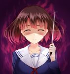  1girl aura blush breasts brown_hair closed_eyes dark_aura katou_megumi knife looking_at_viewer purple_background rko_(a470350510) saenai_heroine_no_sodatekata school_uniform short_hair sinister smile solo yandere 