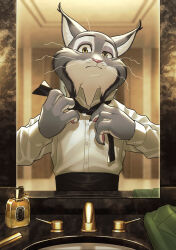  1boy animal_ears bottle cat_boy cat_ears claws coat commentary_request furry furry_male green_coat highres looking_at_mirror male_focus mirror pawbert_lynxley pawpads perfume_bottle popped_collar shirt sink unworn_coat upper_body whiskers white_shirt yow zootopia zootopia_2 