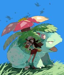  1girl 430exp absurdres berry berry_(pokemon) bird blue_shirt blue_sky brown_eyes brown_fur brown_hair bucket_hat claws colored_skin eating eevee fangs fearow flower flying grass green_eyes green_skin hat highres holding jigglypuff leaf leaf_(pokemon) long_hair loose_socks on_shoulder open_mouth oran_berry pink_skin plant pokemon pokemon_(creature) pokemon_frlg pokemon_on_shoulder red_eyes red_skirt shirt simple_background skirt sky sleeveless sleeveless_shirt smile socks spearow tail venusaur white_hat wristband yellow_bag 