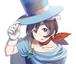  1girl ace_attorney bird blue_cape blue_eyes blue_hat brown_hair cape commentary diamond-shaped_earrings dove gloves hat hat_tip hideyo746 highres jewelry looking_up red_scarf scarf short_hair sweatdrop top_hat trucy_wright white_background white_gloves 