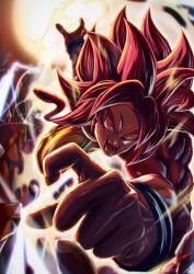  1boy aura body_fur commentary_request dragon_ball dragon_ball_daima gekiroo highres long_hair monkey_tail orange_pants pants red_eyes red_fur red_hair red_tail solo son_goku spiky_hair super_saiyan super_saiyan_4 tail topless_male 