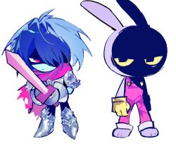  1boy 1other 7szndc animal_ears animal_feet armor armored_boots black_pants blue_hair blue_skin boots chibi chibi_only colored_sclera colored_skin crossover full_body gloves holding holding_sword holding_weapon jax_(the_amazing_digital_circus) kris_(dark_world)_(deltarune) kris_(deltarune) overalls pants partially_shaded_face pink_eyes pink_overalls pink_scarf purple_skin rabbit_boy rabbit_ears scarf serious shaded_face short_hair shoulder_armor simple_background standing sword the_amazing_digital_circus weapon white_background yellow_gloves yellow_sclera 