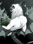  ass changye dragon_tail fate/apocrypha fate/grand_order fate_(series) green_eyes horns long_hair male_focus monochrome nude open_mouth reflection saber_of_black solo tail wings 