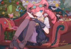  1girl ;p ace_attorney armchair black_gloves black_skirt bloomers blue_eyes blush_stickers boots bow-shaped_hair box brown_boots chair christmas_ornaments christmas_tree chuunosuke_(ace_attorney) closed_mouth commentary cup drill_hair en_(mayotte_iru) english_commentary full_body gift gift_box gloves goggles goggles_on_head hair_rings indoors iris_wilson knees_up kumaris long_hair looking_at_viewer merry_christmas nyasogi one_eye_closed pantyhose pink_hair plate shirt sitting skirt smile solo stuffed_animal stuffed_mouse stuffed_toy the_great_ace_attorney tongue tongue_out twintails usalock usato_(ace_attorney) white_shirt 