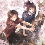  2boys black_hair blue_eyes blurry brown_hair cherry_blossoms closed_eyes depth_of_field earrings hakama highres in_tree interlocked_fingers japanese_clothes jewelry kashuu_kiyomitsu male_focus mole mole_under_eye mole_under_mouth multiple_boys open_mouth petals ponytail scarf sitting smile suzuneko-rin touken_ranbu tree wavy_mouth yamato-no-kami_yasusada 